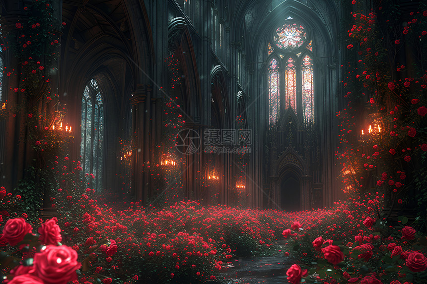 教堂前盛开的玫瑰花图片