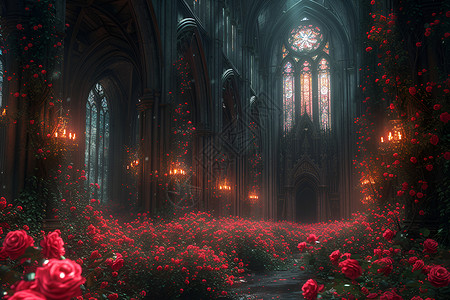 教堂前盛开的玫瑰花背景图片