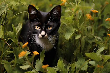 花海中的黑白猫咪背景图片
