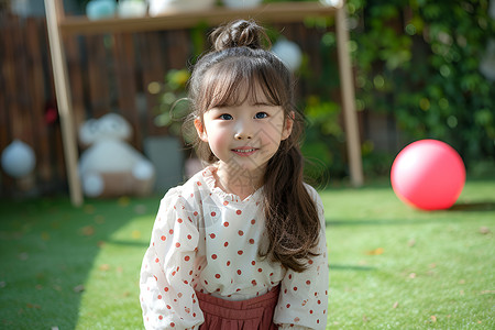 草地上开心的小女孩背景图片