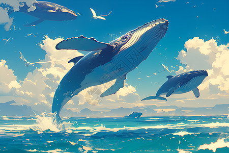 海洋中的鲸鱼群背景图片
