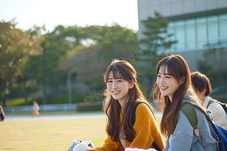 两个女生坐在草地上背景图片