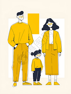 穿着衣服的穿着黄色衣服的一家三口插画