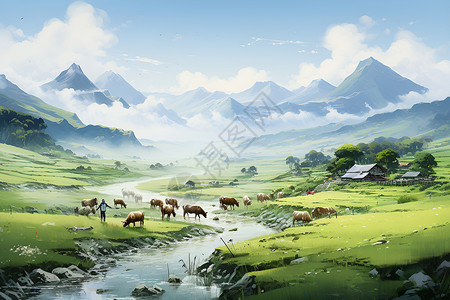 田野中的牛群和河流背景图片