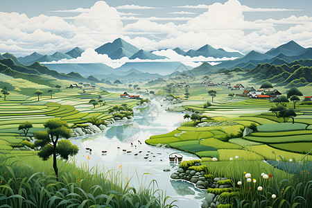 田野中的河流背景图片
