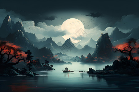夜晚湖泊中的船只背景图片