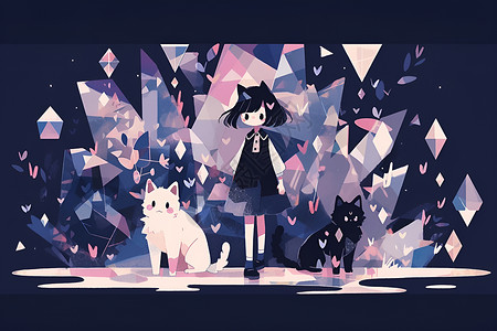 紫色背景猫猫咪和女孩插画