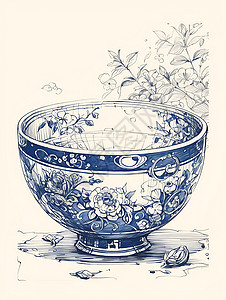 可爱蓝白瓷餐具蓝白相间的碗插画