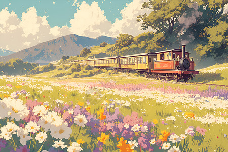 春天列车穿越花海背景图片