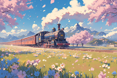 中国火车素材中国樱花列车插画