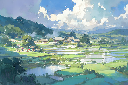 绘画的绿色稻田背景图片