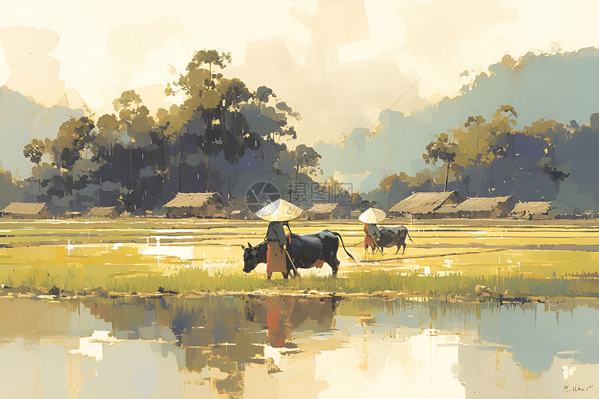 画作的稻田农民图片