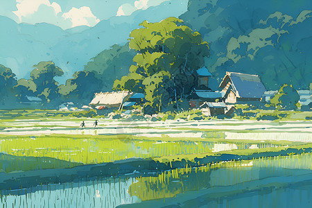 山间的稻田和房屋背景图片