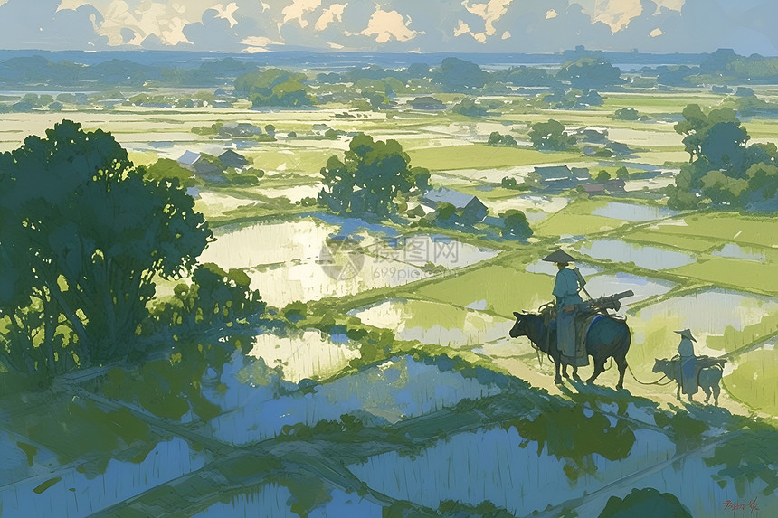 水稻田中的农民插画图片