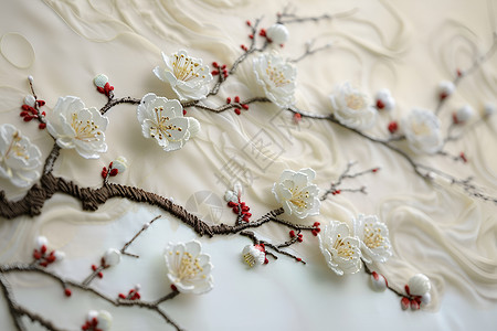 白色梅花绣品背景图片