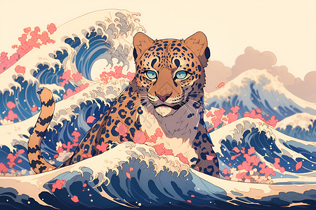 蓝色出入通行证设计大浪中的猎豹插画
