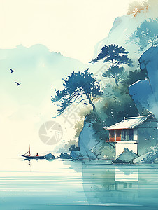 水畔的小屋背景图片