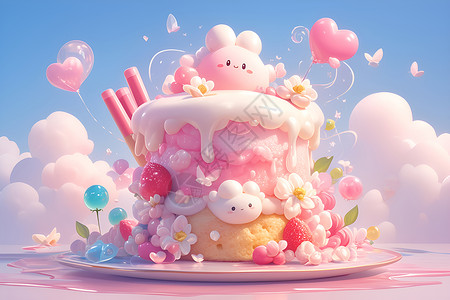 蛋糕鲜花花园中的粉色蛋糕插画