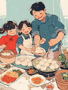 一起包饺子的家庭插画