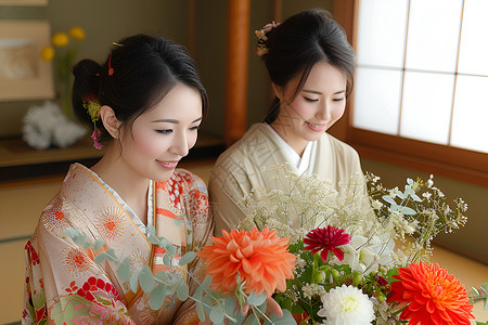 插花的和服女人背景图片