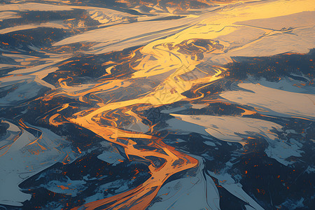 格陵兰岛冰原荒野里的河流插画