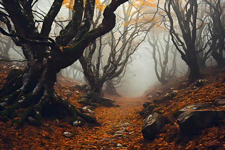 迷雾中的森林小径背景图片