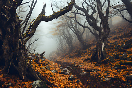 雾中迷离的森林背景图片