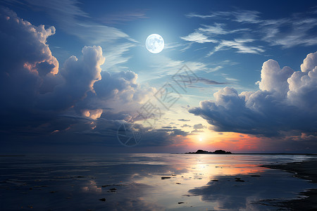海滩夜晚月光倒映在海洋上设计图片