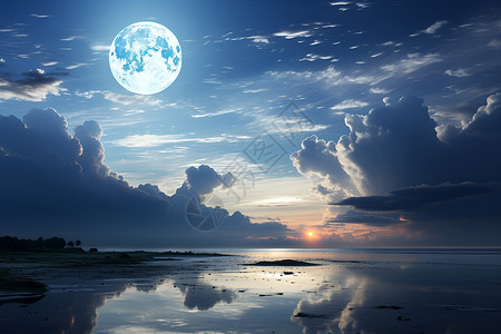 海滩夜晚水中明月倒影设计图片