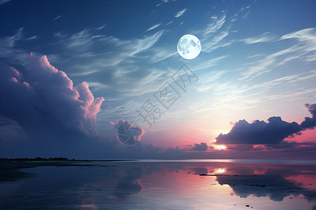 海滩夜晚夜幕下的满月设计图片