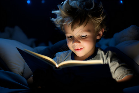 夜晚读书的男孩背景图片