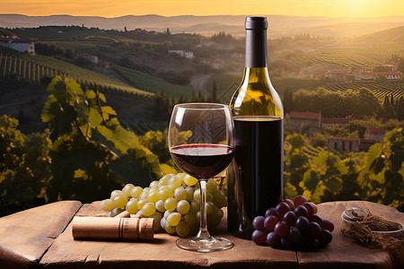 红酒溅出一瓶美酒与葡萄背景