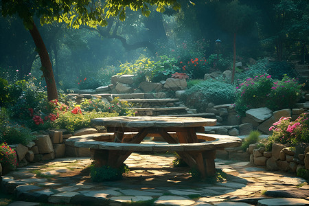 东南亚园林花园的石桌插画