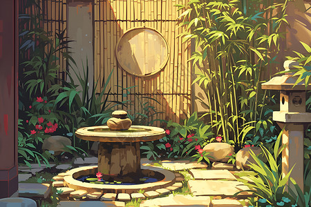 石椅亚洲风情花园插画