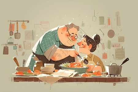 夫妻厨房两位可爱的老年夫妻插画