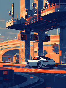 汽车建筑背景城市建筑下的汽车插画