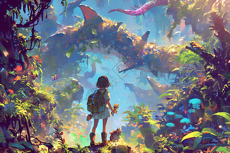 奇幻之旅少女与恐龙背景图片