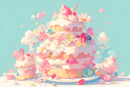 粉色果冻蛋糕上的花朵背景图片