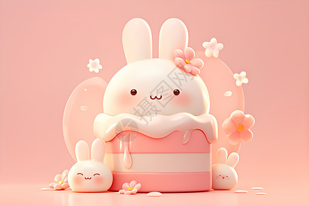 粉色果冻蛋糕上的兔子高清图片