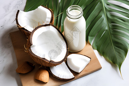 椰子树叶边框椰奶与切割开的椰子背景