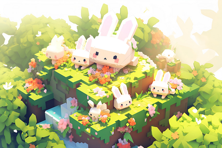 可爱兔子与绚丽花卉图片