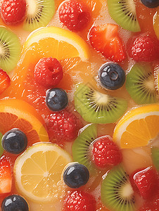 液体色彩水果拼盘上的色彩交织背景