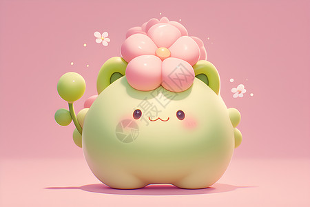 小绿麻糬戴着粉色花饰插画