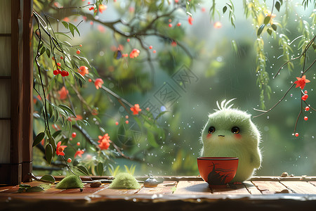 可爱的表情植物窗台上的小精灵插画
