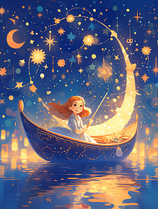 漂浮素材星星小船里的小女孩插画