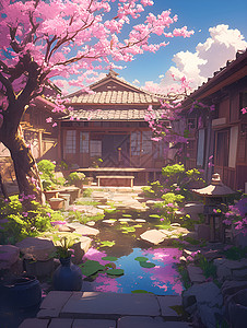 日本庭院一角宁静的日本庭院插画