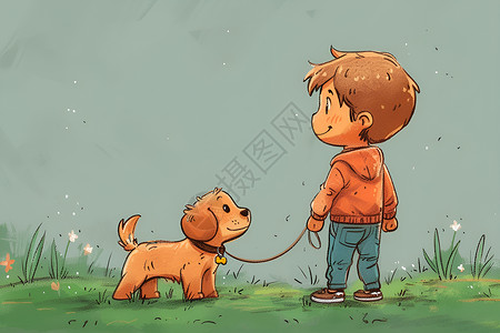 遛狗牵绳小男孩牵着狗在草地上嬉戏插画