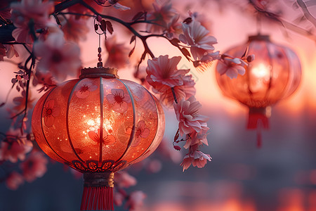 泰国工艺品花枝中的灯笼设计图片