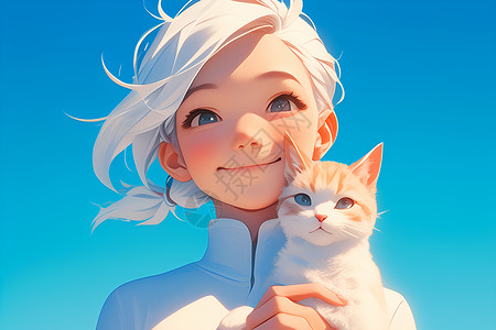 少女拥抱白毛猫背景图片