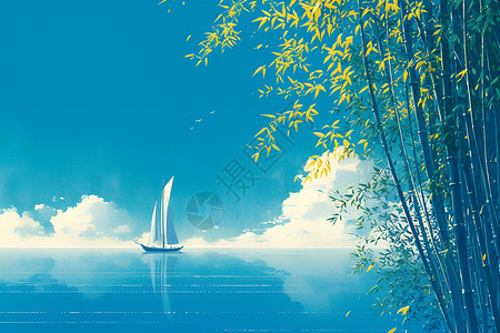 蓝天下的竹子河流背景图片